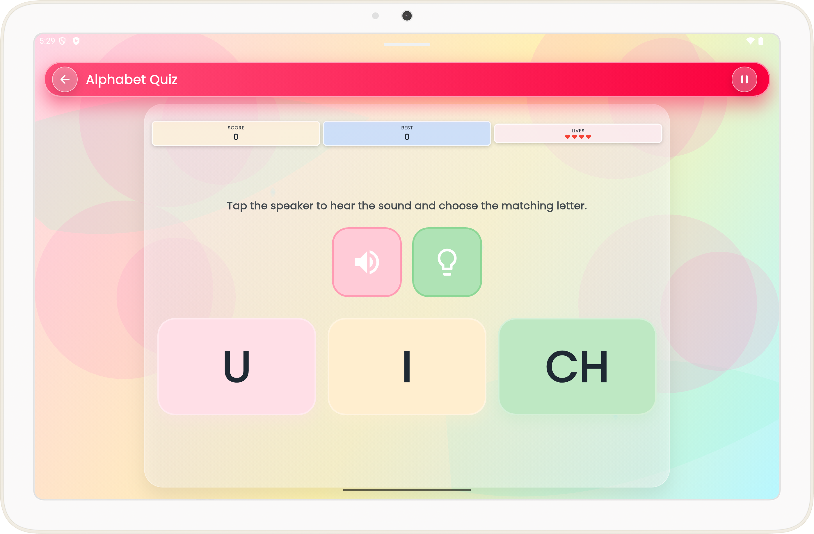 Alphabet quiz game screen on tablet