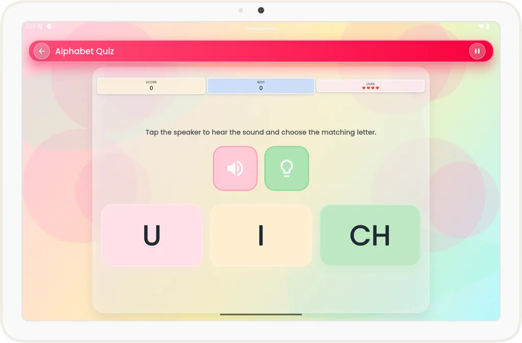 Alphabet quiz game screen on tablet