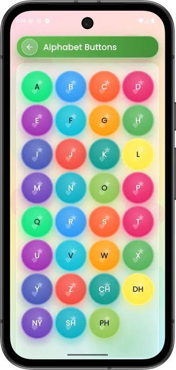 Learn Afaan Oromoo alphabet letters with Qubee Kids interactive flashcards and pronunciation on phone