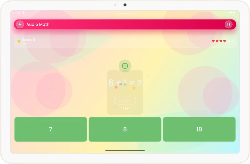 Audio math learning screen on tablet