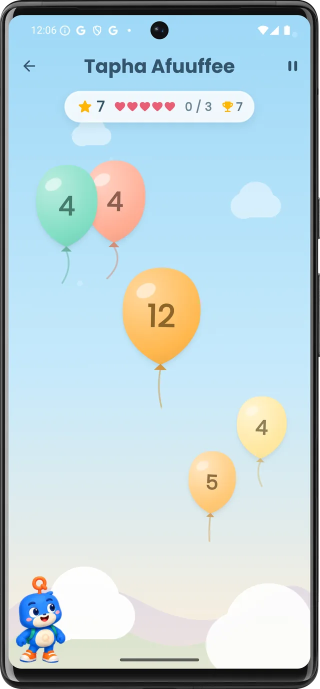 Balloon pop math game where kids pop the balloon with the right answer while Qubee cheers, learning numbers in Afaan Oromoo
