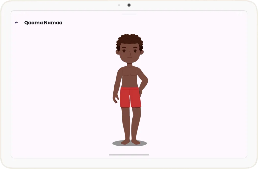 Body parts learning screen with interactive body map on tablet