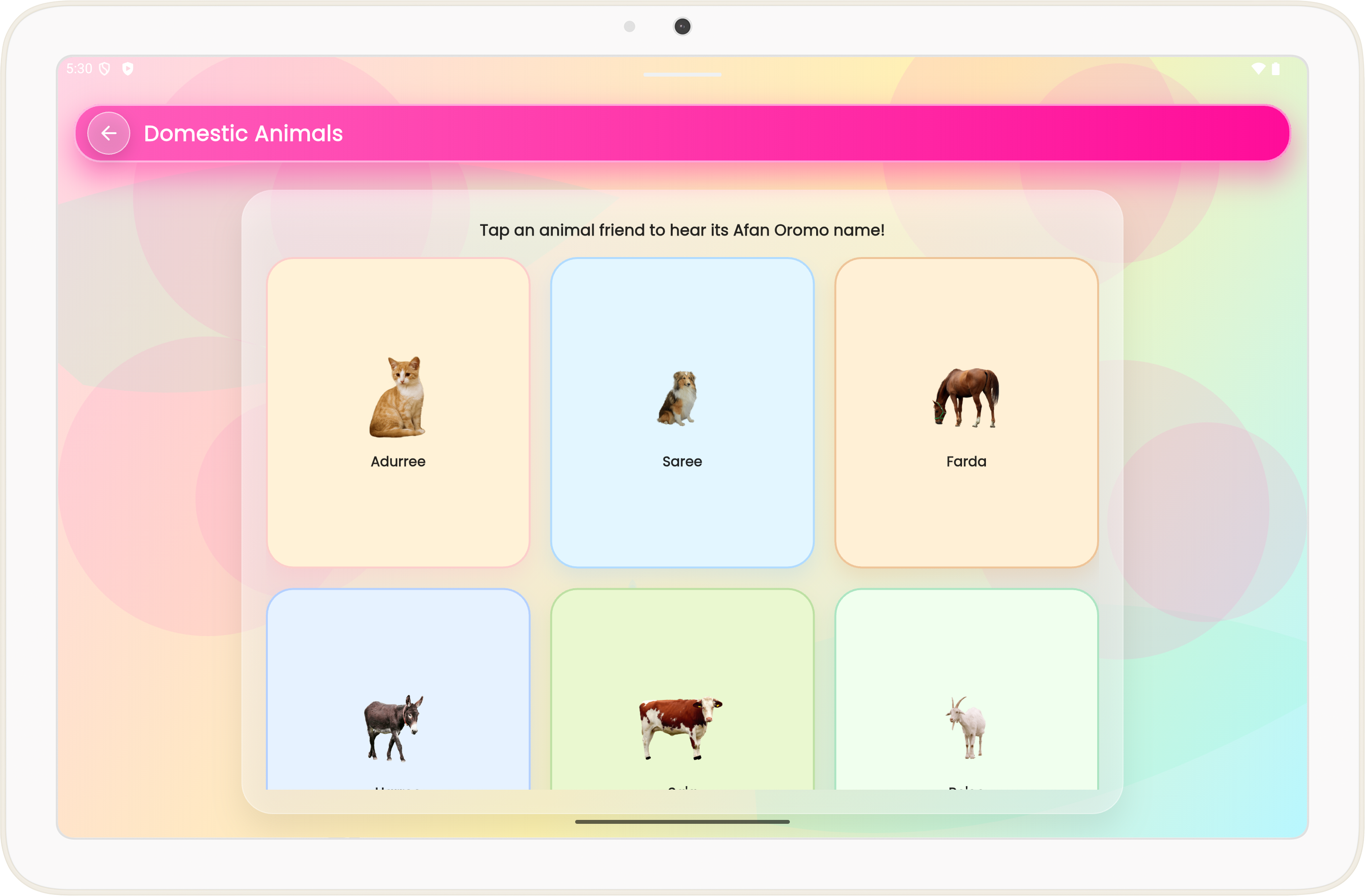 Domestic animals learning screen on tablet