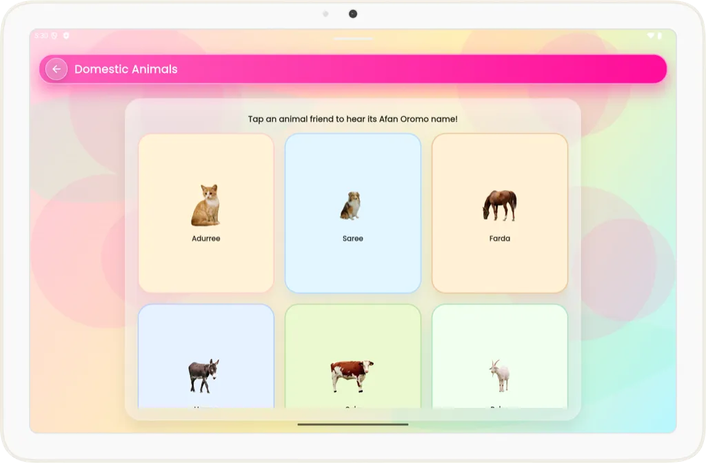 Domestic animals learning screen on tablet
