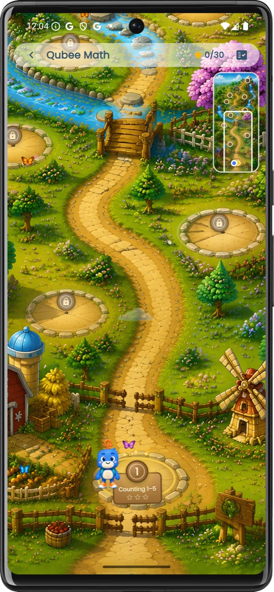 Math World on phone: illustrated map with 10 unlockable stages and Qubee teaching counting in Afaan Oromoo