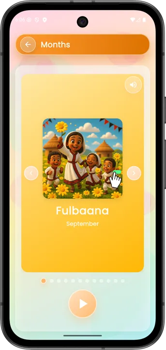 Months of the year learning screen in Afaan Oromoo on phone