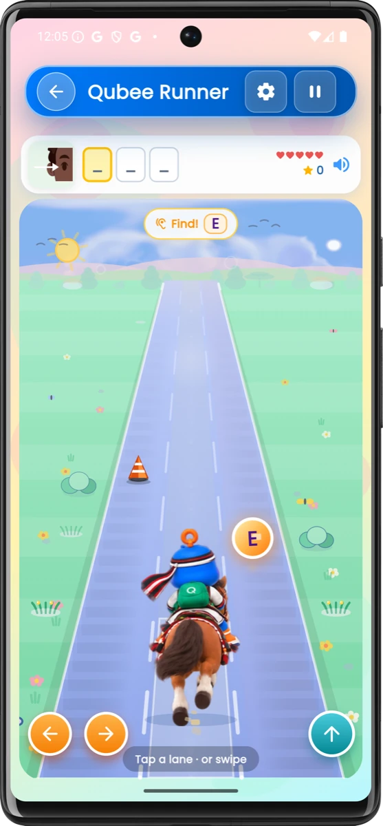 Qubee Runner on phone: spell words while running through six lands with Qubee and Bulloo